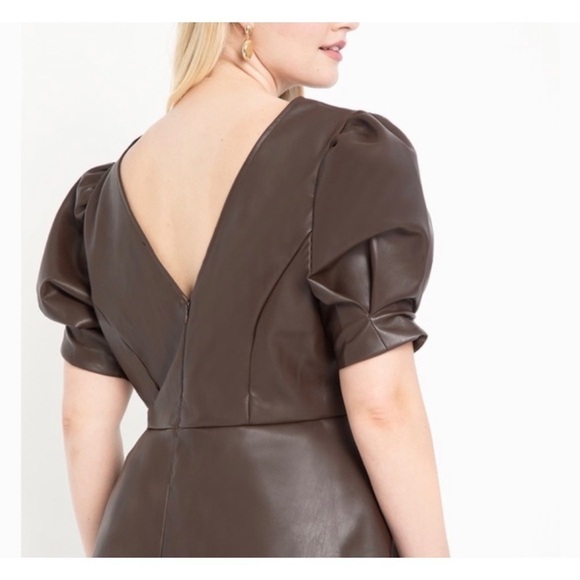 G031 Eloquii Faux Leather Puff Sleeve Peplum Top Brown - Picture 2 of 6